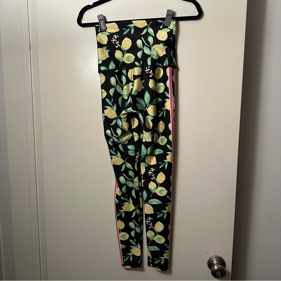 Emily HSU Designs Black High Waisted Lemon Print Pink & White Striped Leggings S - Picture 2 of 15
